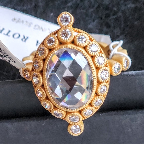 Freida Rothman Jewelry - Gold-Tone Statement Ring with Clear Faceted Center Stone